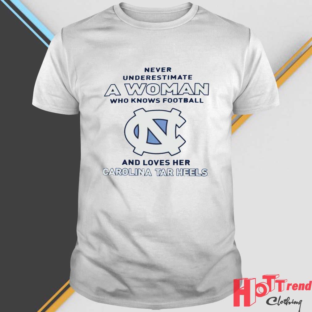 Never Underestimate A Woman Who Knows Football And Loves Her Carolina Tar Heels Logo 2022 Shirt