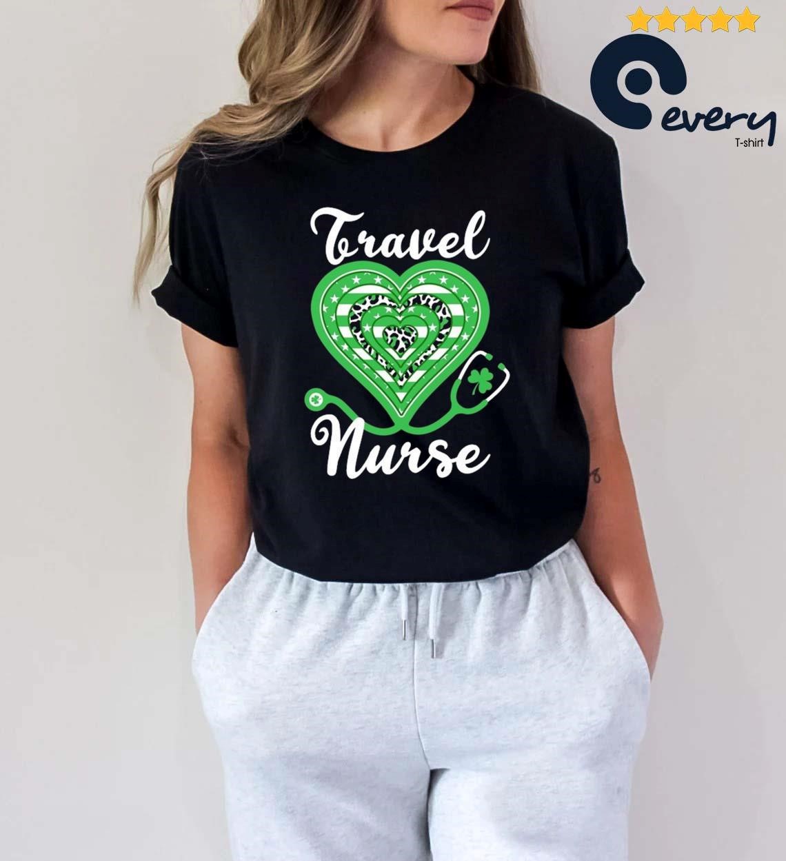 Travel Nurse Stethoscope Heart Us Flag Shamrock Leopard Shirt